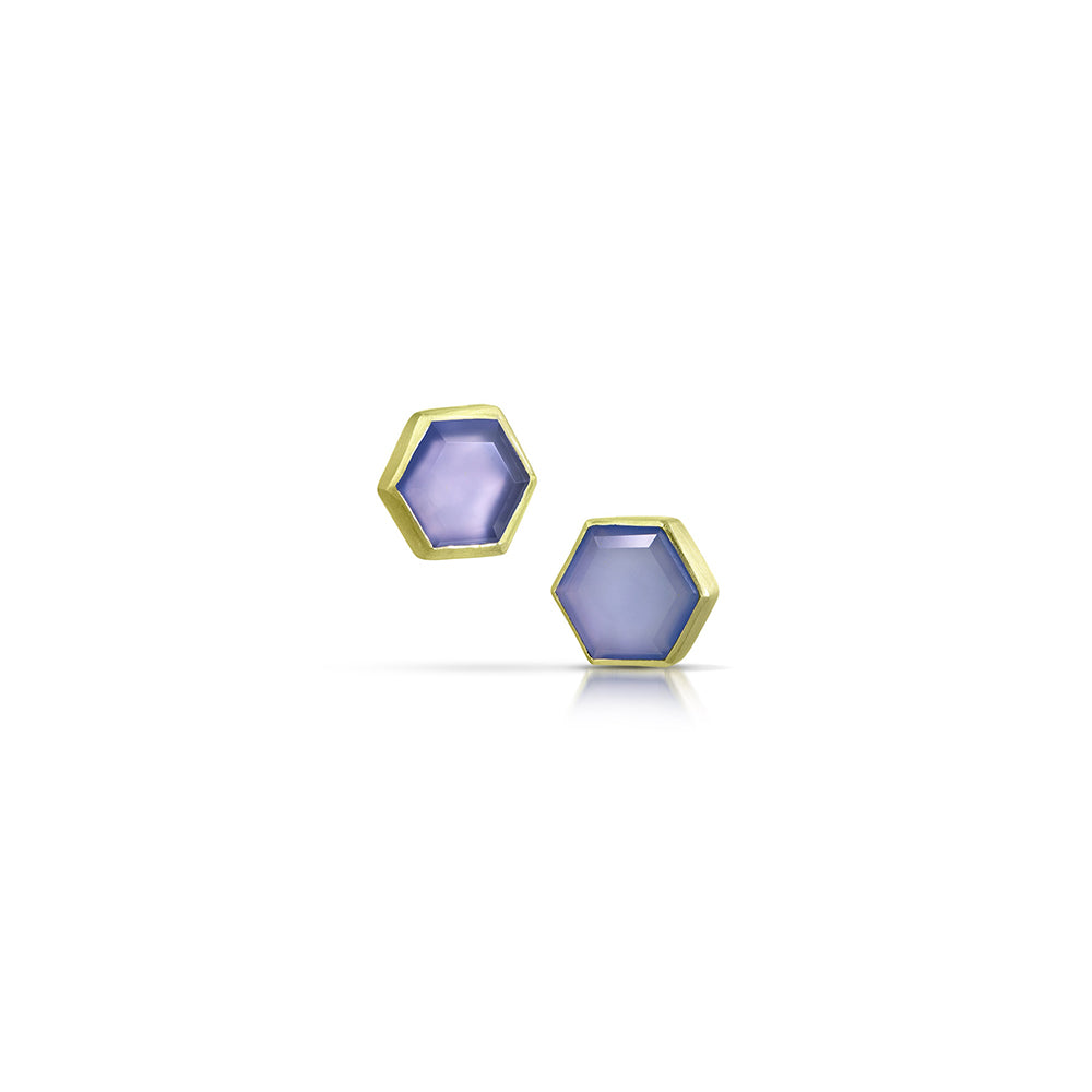 hexagonal stud earrings with chalcedony