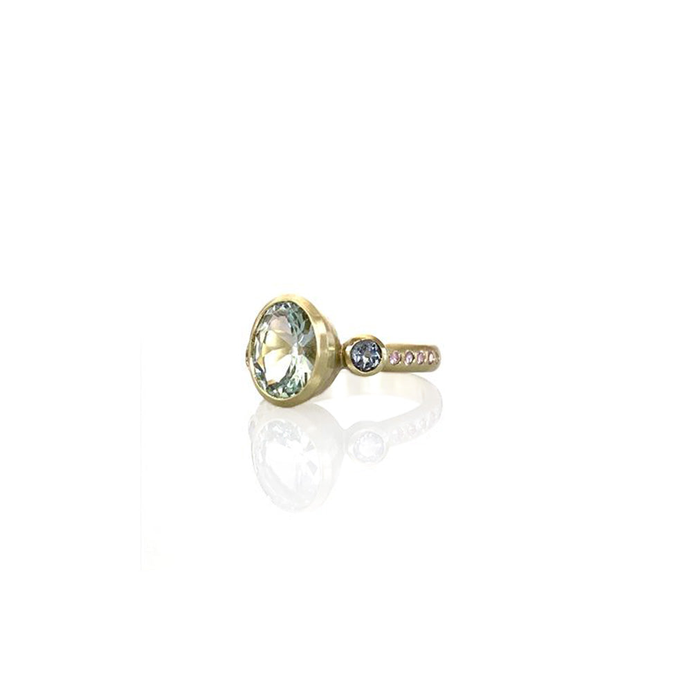 3 stone ring with tourmalines and sapphires