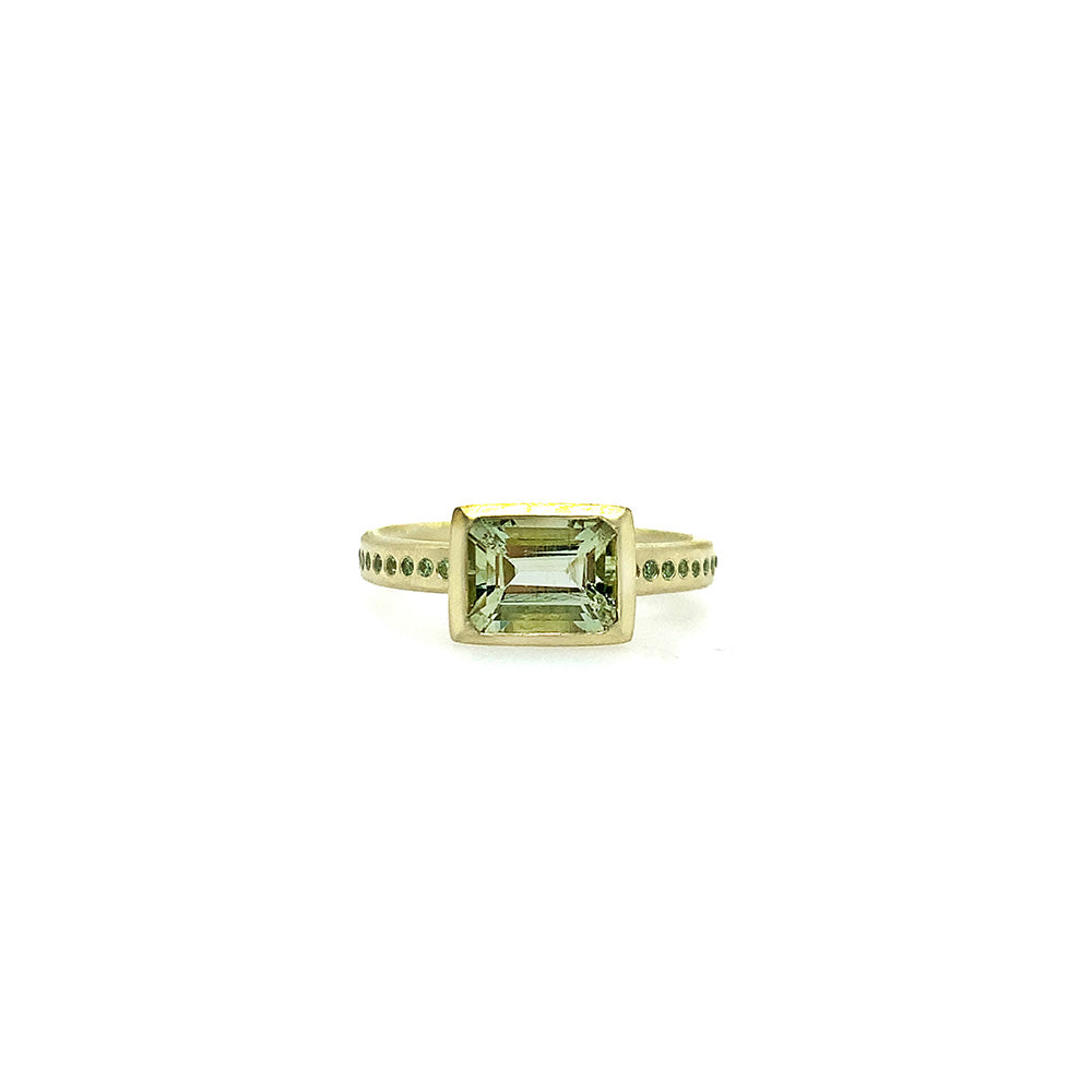 East/West green beryl ring with Tsavorite garnets