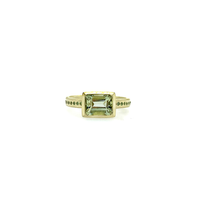 East-West Ring Green Beryl with Tsavorite Garnets in 14K Green Gold