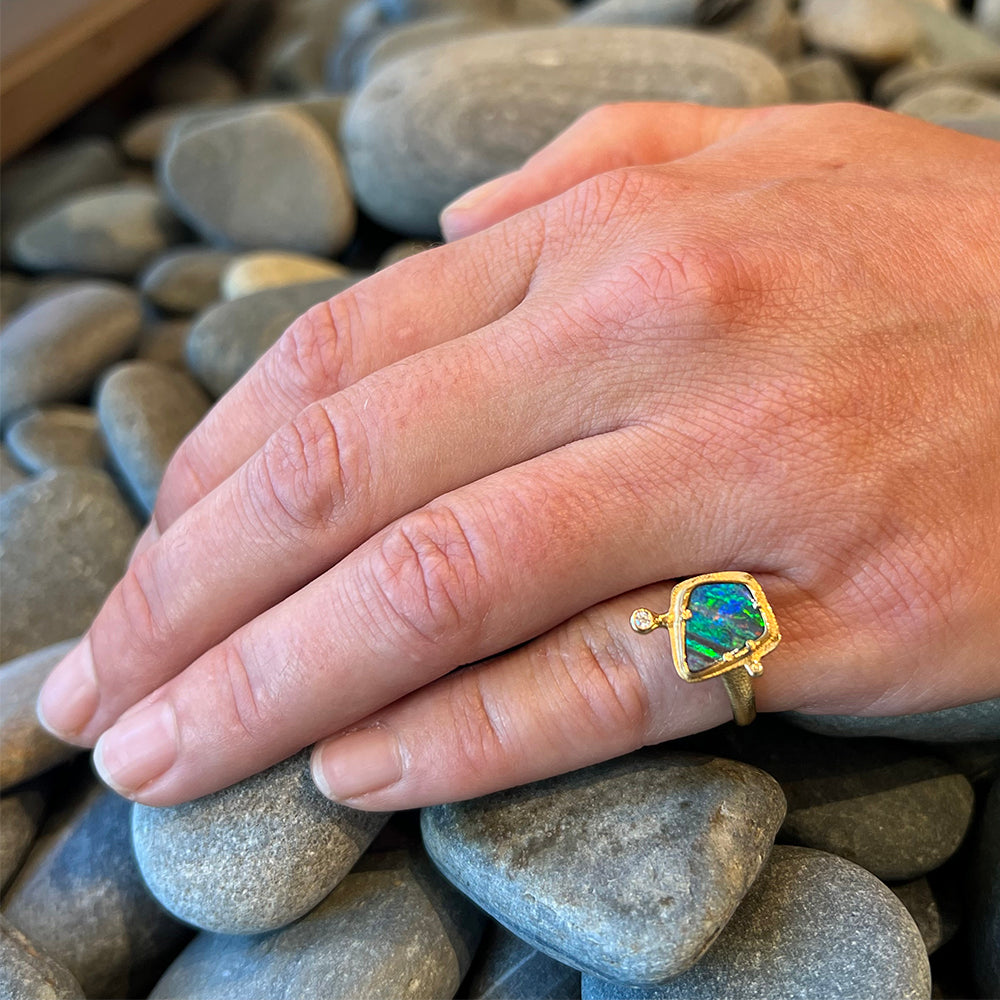 kite shaped boulder opal ring