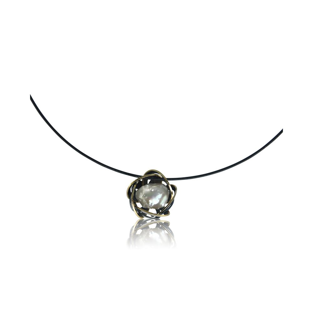 Peony Bud Pendant with Rose Pearl in Oxidized Sterling Silver and 18K