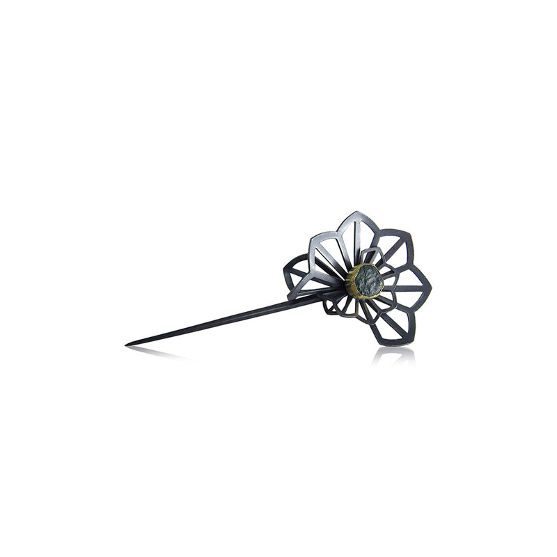 Rough Montana Sapphire Lapel Pin 18Ky Gold and Oxidized Sterling Silver