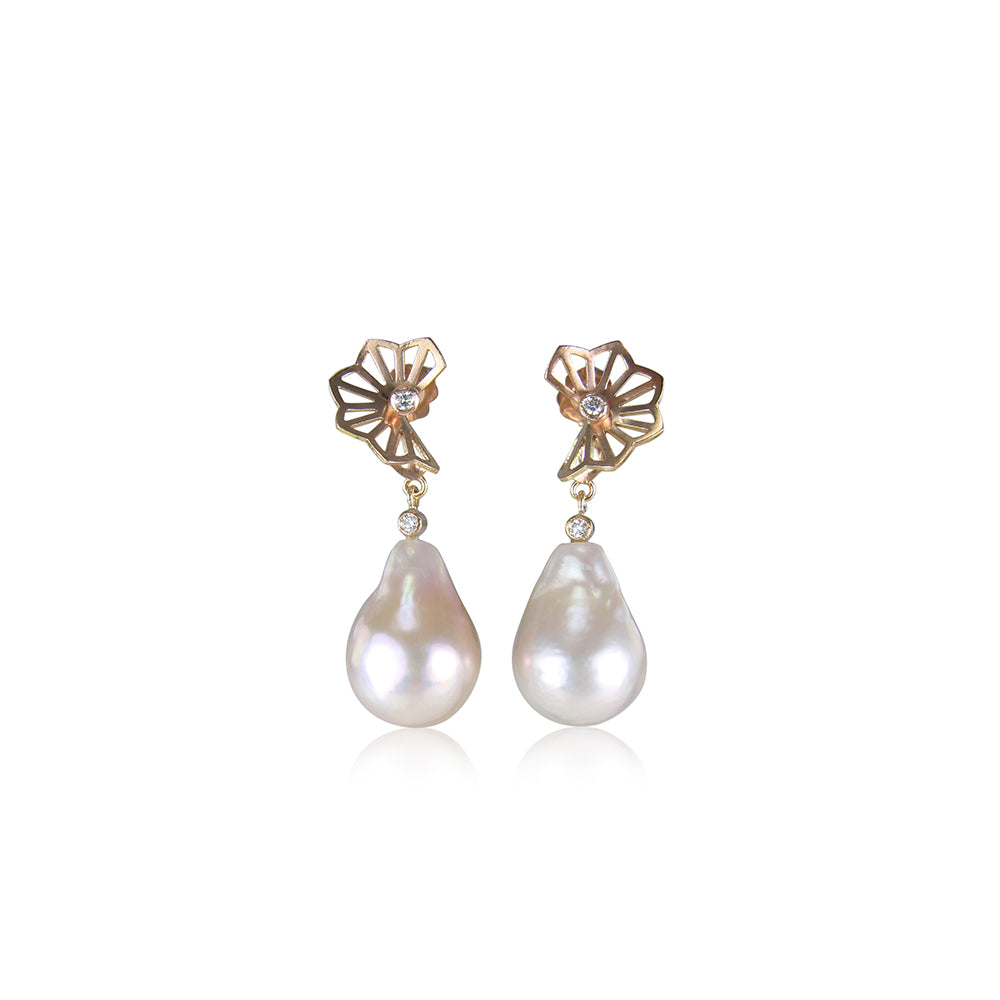 Pink Pearls with Rose Fan Post Earrings in 14K Rose Gold and Diamonds.