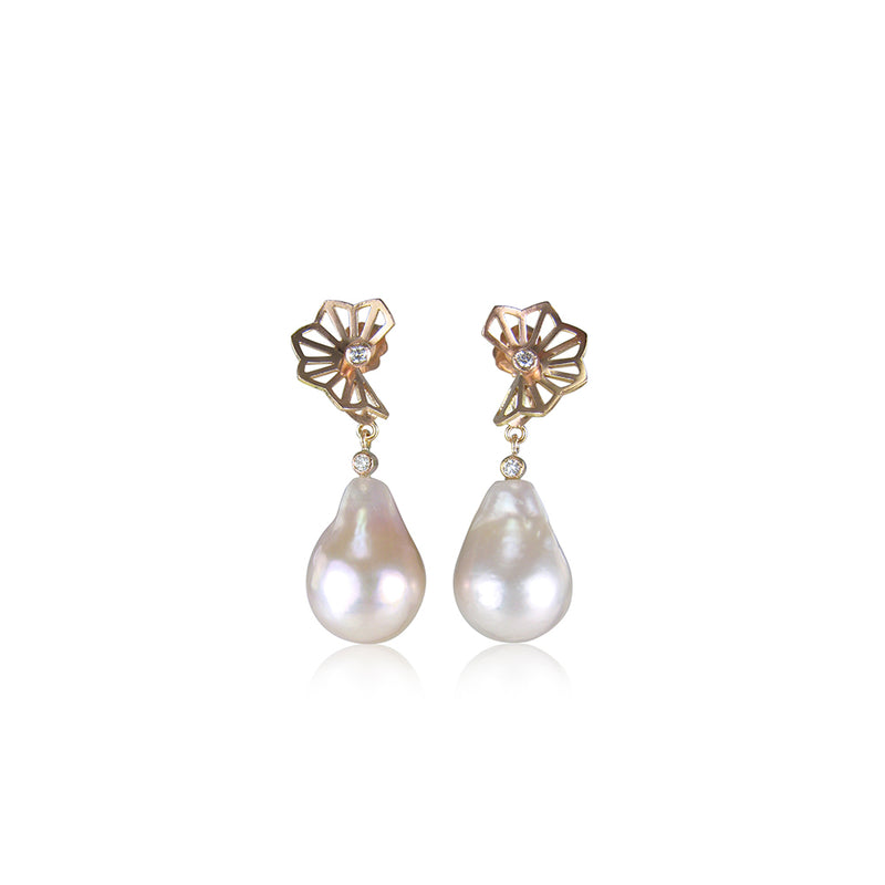 Pink Pearls with Rose Fan Post Earrings in 14K Rose Gold and Diamonds.