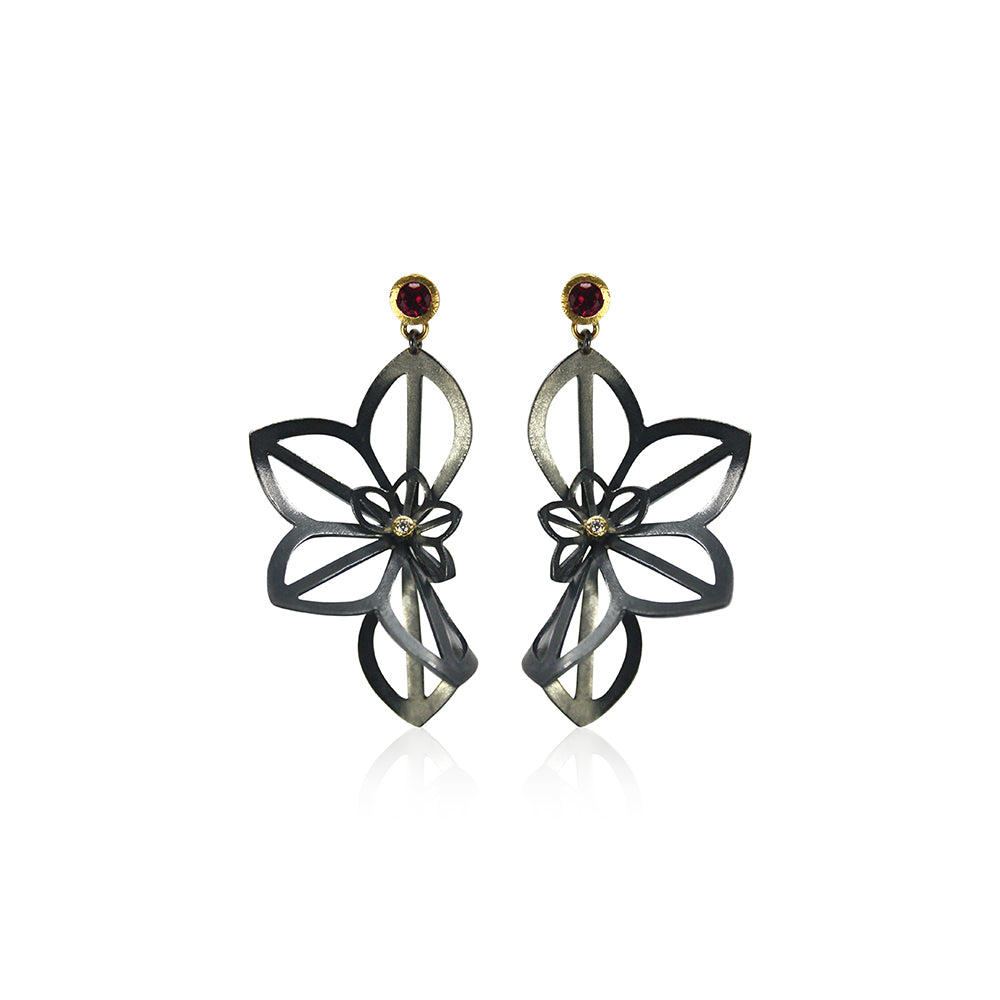 Double Anise Fold Post Earrings with Rubellites and Diamonds in 18K