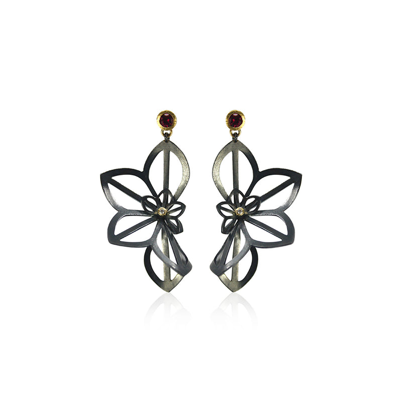 Double Anise Fold Post Earrings with Rubellites and Diamonds in 18K