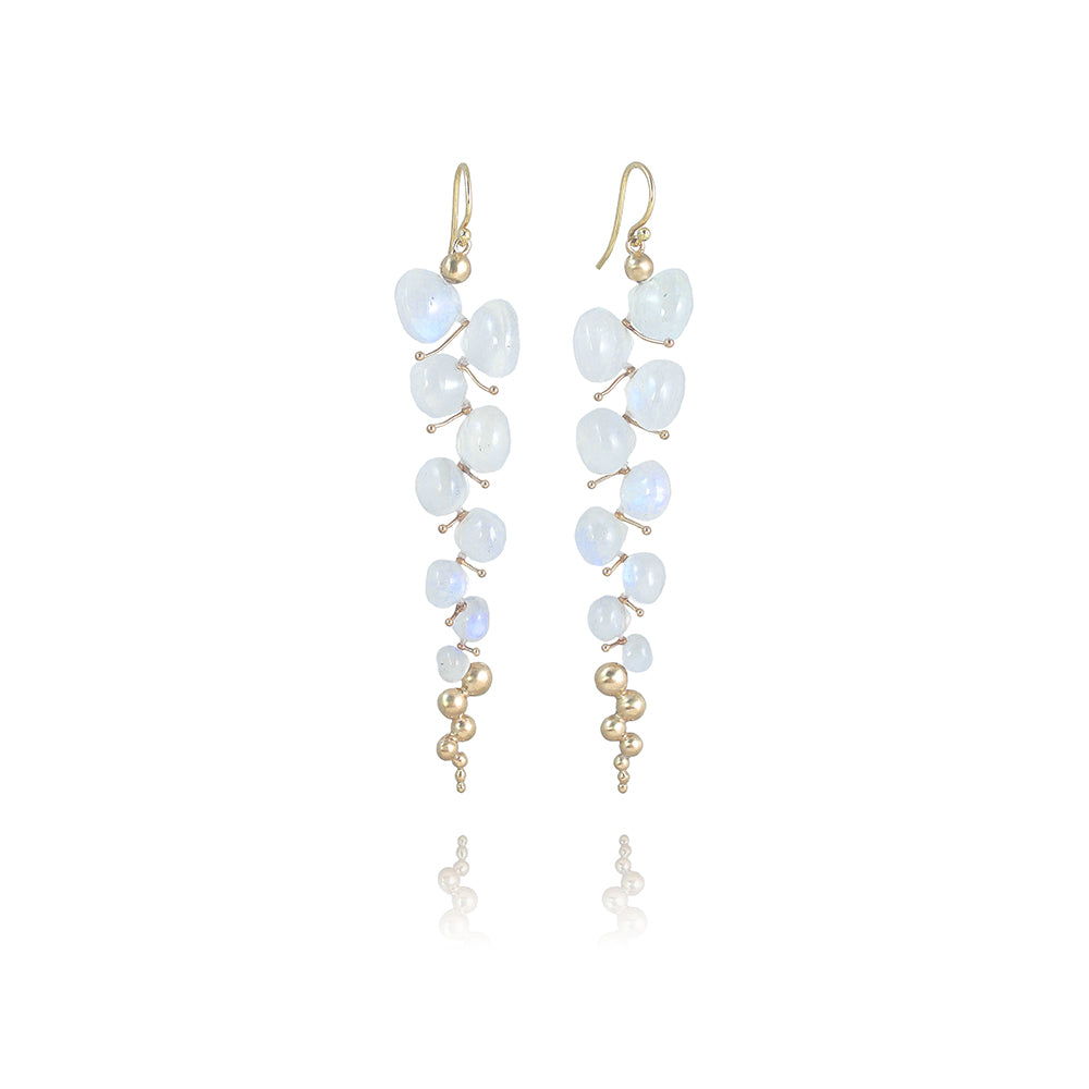 Large Caviar Earrings in 14K Yellow Gold and Rainbow Moonstone