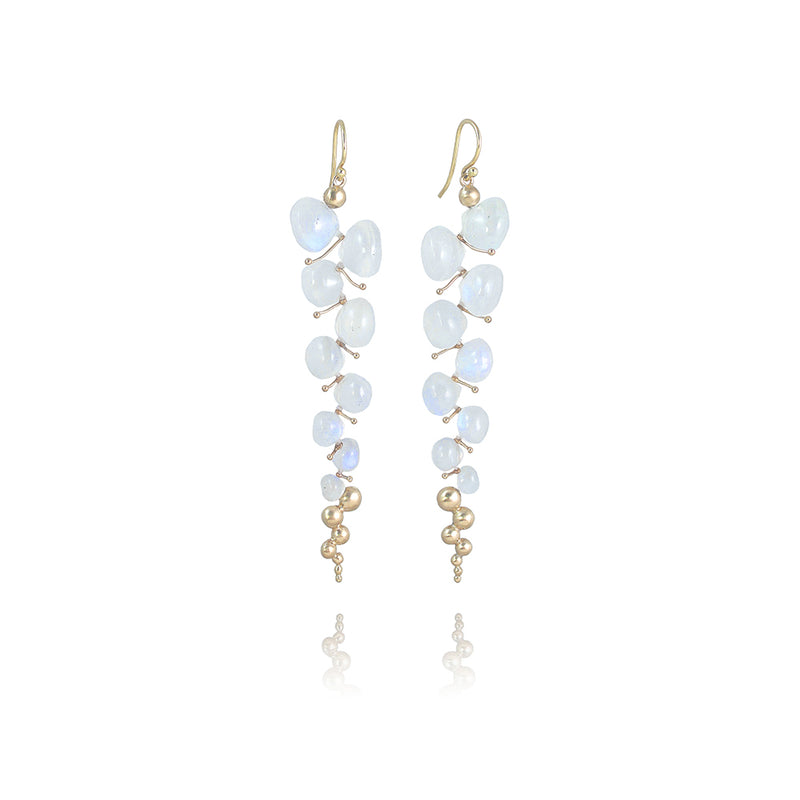 Large Caviar Earrings in 14K Yellow Gold and Rainbow Moonstone