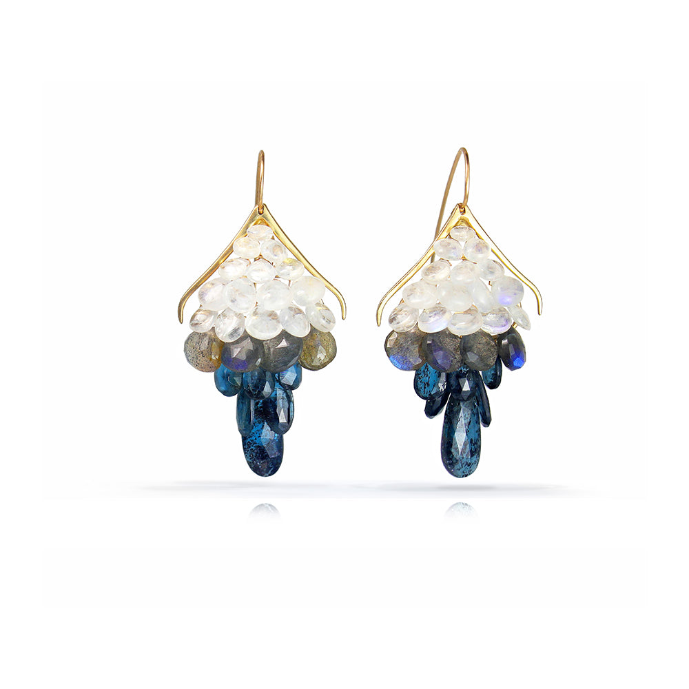 Large Plumage Earrings in 14K Gold, Rainbow Moonstone, Labradorite and Kyanite.