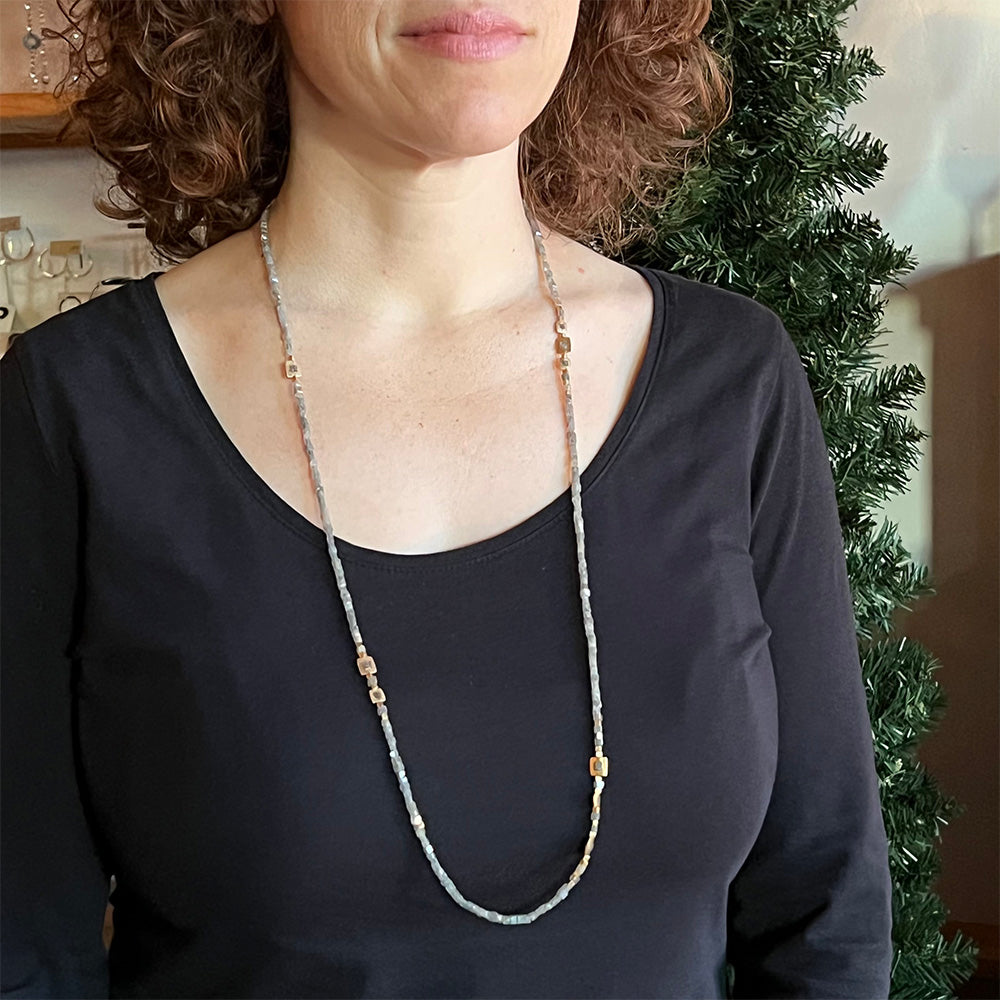 Long "Windows" Necklace with Grey Diamond Square Beads