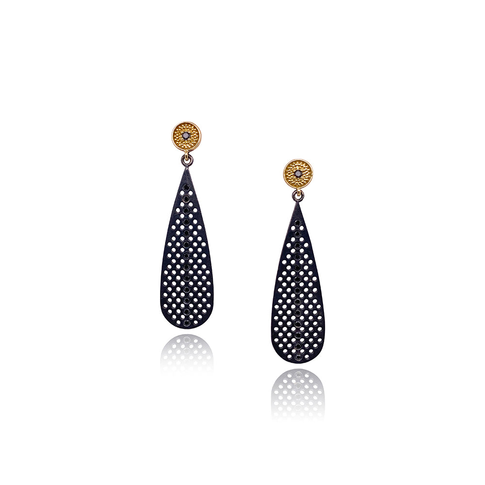 "Prelude" Teardrop Earrings with Black Diamonds in 18K Gold and Oxidized Sterling Silver