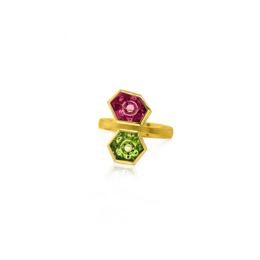 "Twins" ring with peridot and tourmaline