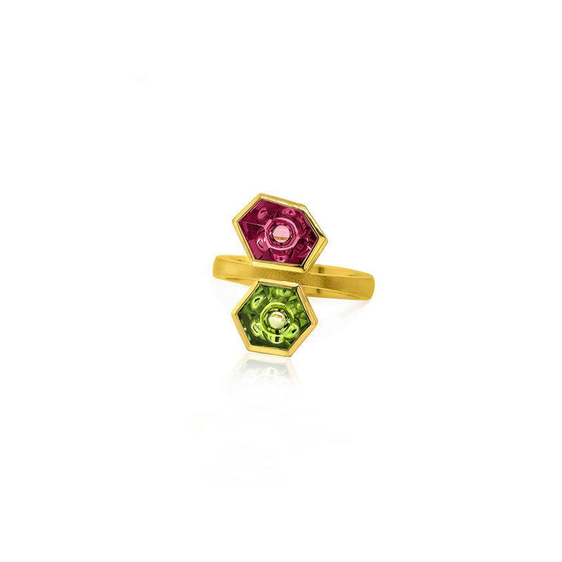Munsteiner "Twins" Ring with Peridot and Tourmaline
