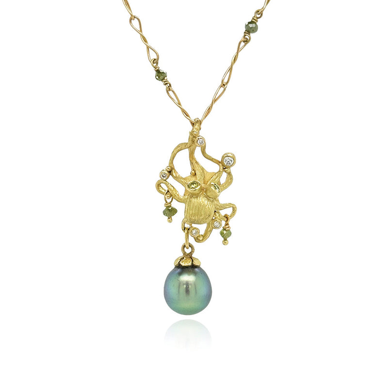 Hand-Forged Octopus Pendant with Tahitian Pearl and Diamonds