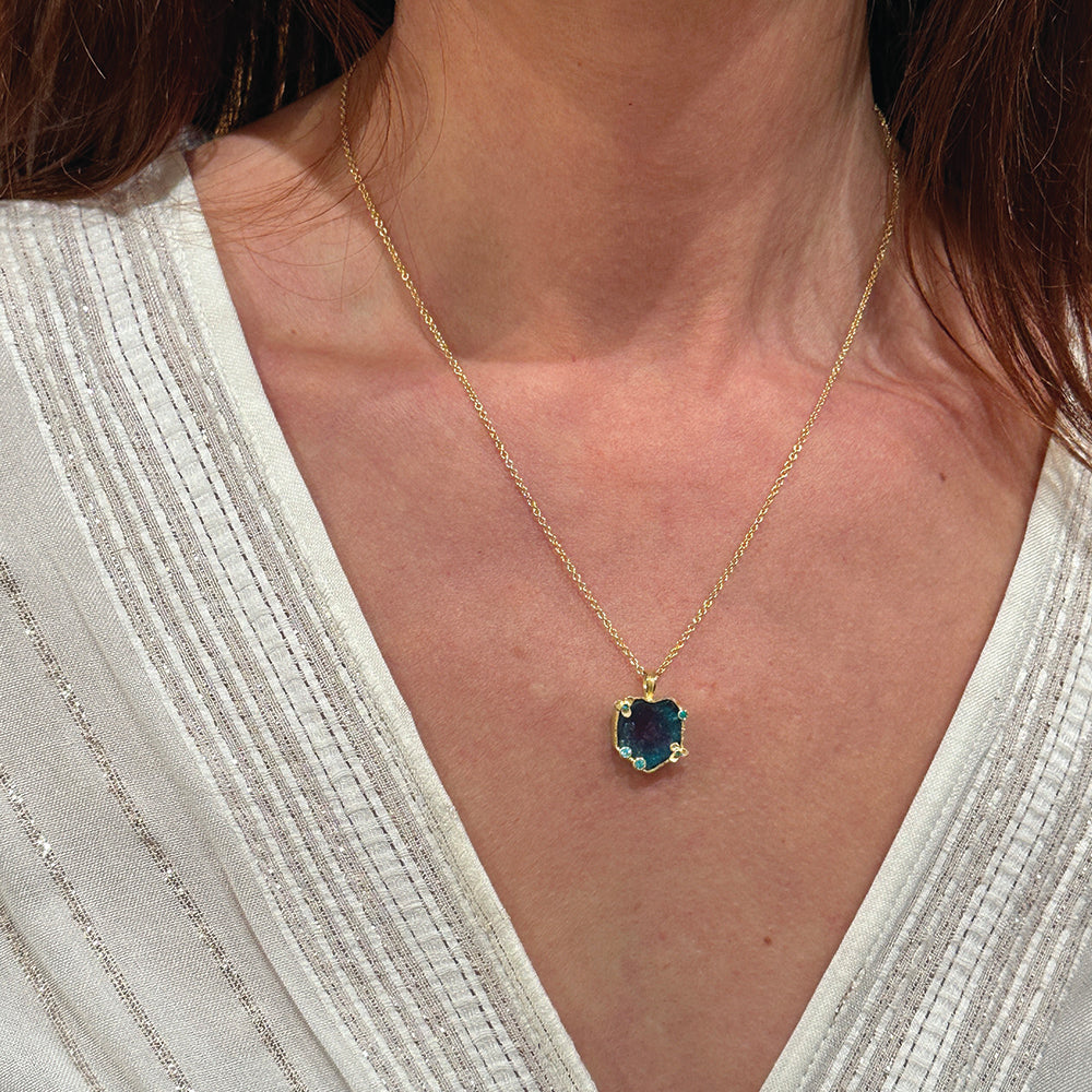 Paraiba tourmaline slice necklace with emeralds and Paraiba tourmaline accent stones