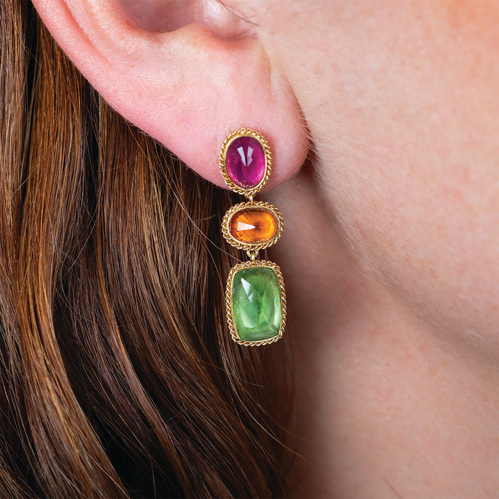 One-Of-A-Kind Triple Drop Earrings with Tourmaline, Spessartite Garnet and Peridot