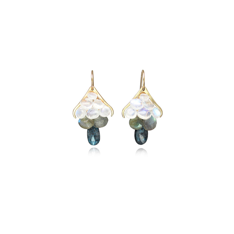 Small Plumage Earrings in 14K Gold, Rainbow Moonstone, Labradorite and Kyanite.