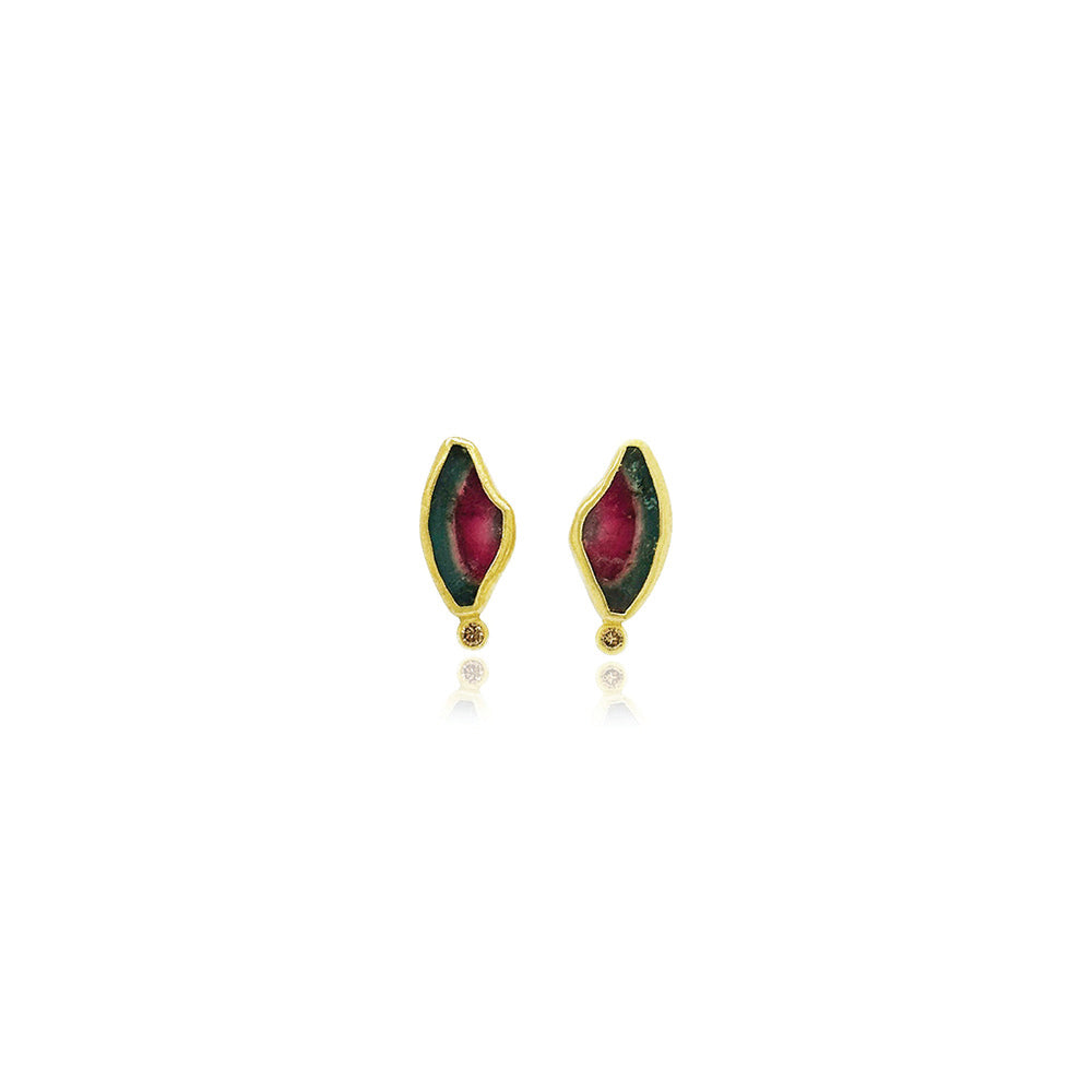 Watermelon tourmaline slice earrings with champagne diamonds