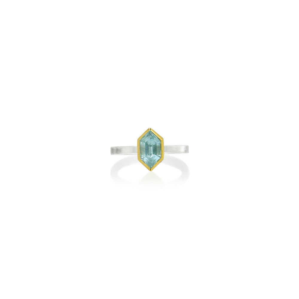 elongated hexagonal aquamarine ring