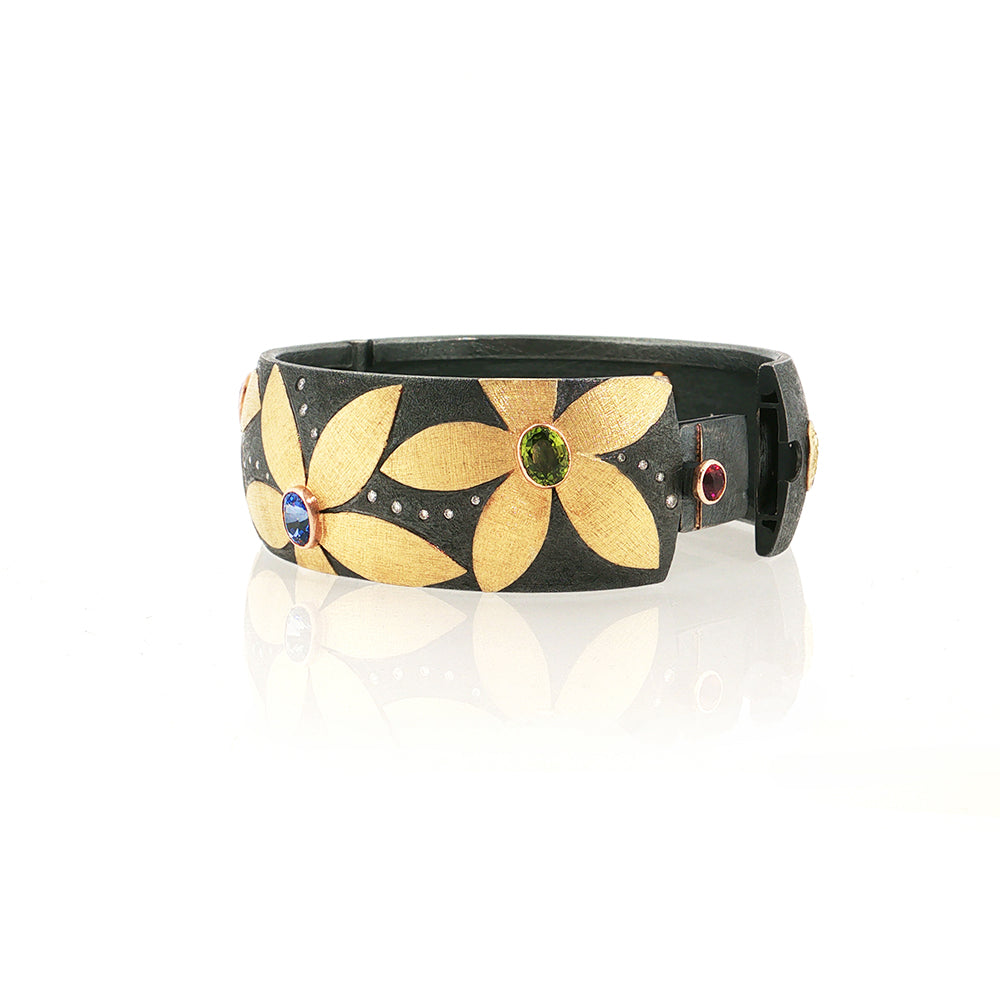 Hinged Flower Cuff with Multi-Color Sapphires and Diamonds