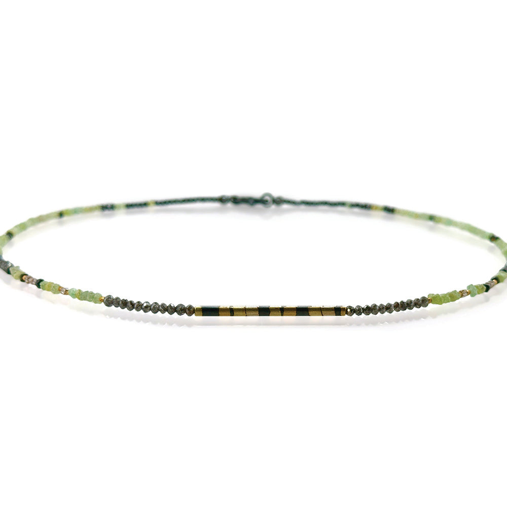 Green, grey and brown diamond necklace, 13.58cttw, with oxidized sterling silver, 24K gold, 18k gold beads, length 16.9 inches.