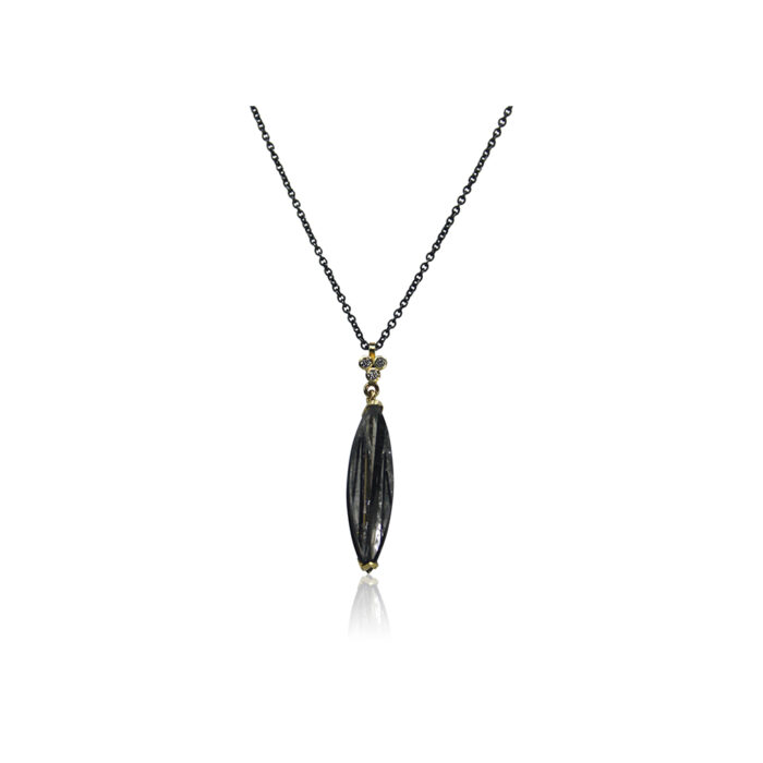 Tourmaline in quartz pendant with diamonds in sterling silver and 18k