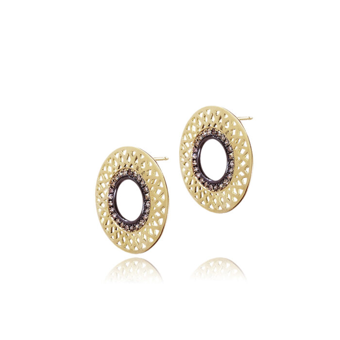 18k wide gold Crownwork circle earrings with champange diamonds