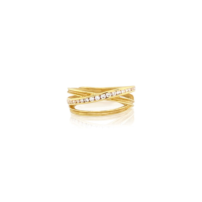 18k 3-wrap ribbon ring with a row of channel-set diamonds