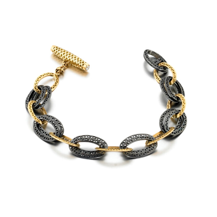 Double Crownwork oxidized silver link bracelet with 18k yellow