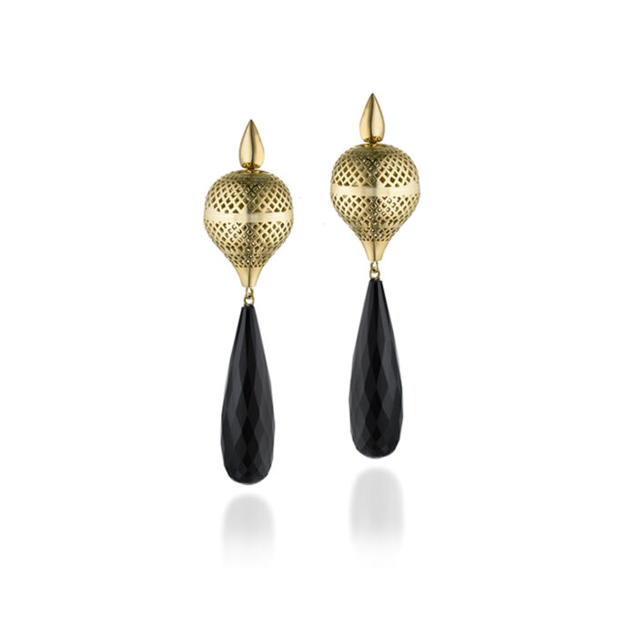 18K Yellow Gold Crownwork large finial drop earrings on teardrop posts with Black Onyx faceted drops