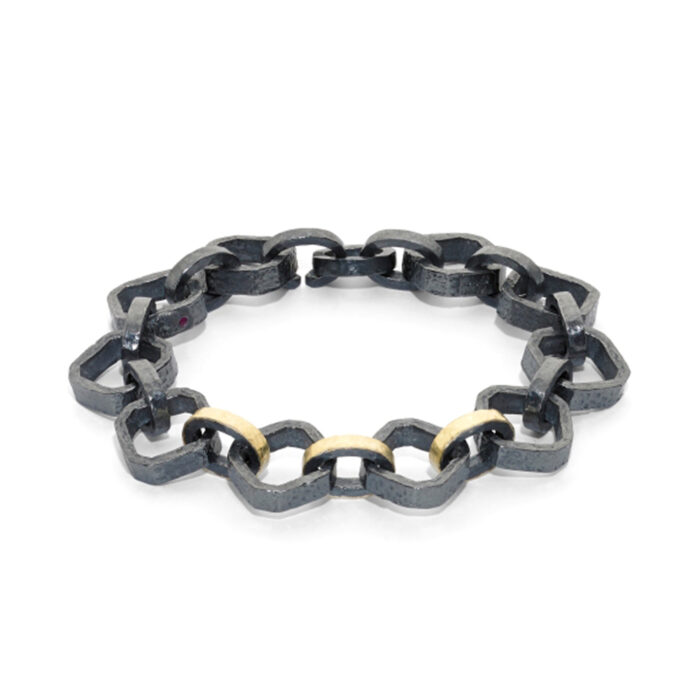 18k yellow gold and oxidized sterling silver link bracelet