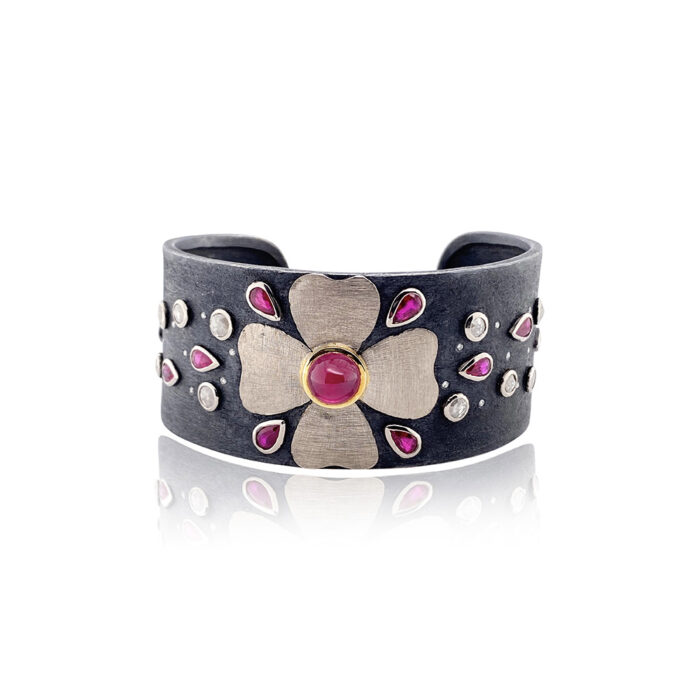 Palladium and oxidized sterling silver cuff bracelet with Rubies and diamonds