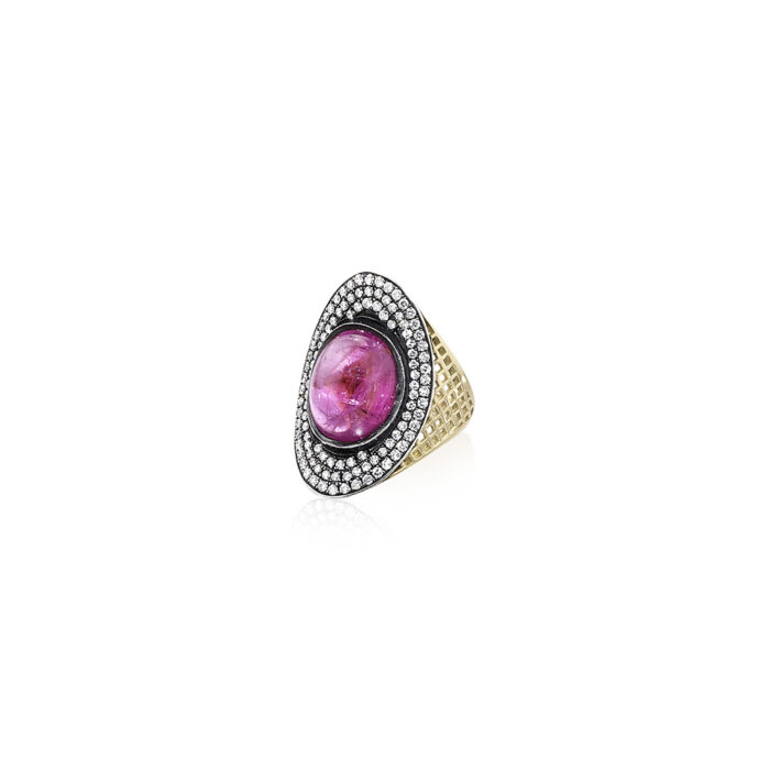 18k gold crownwork regency ring with pinK tourmaline and diamonds - J ...