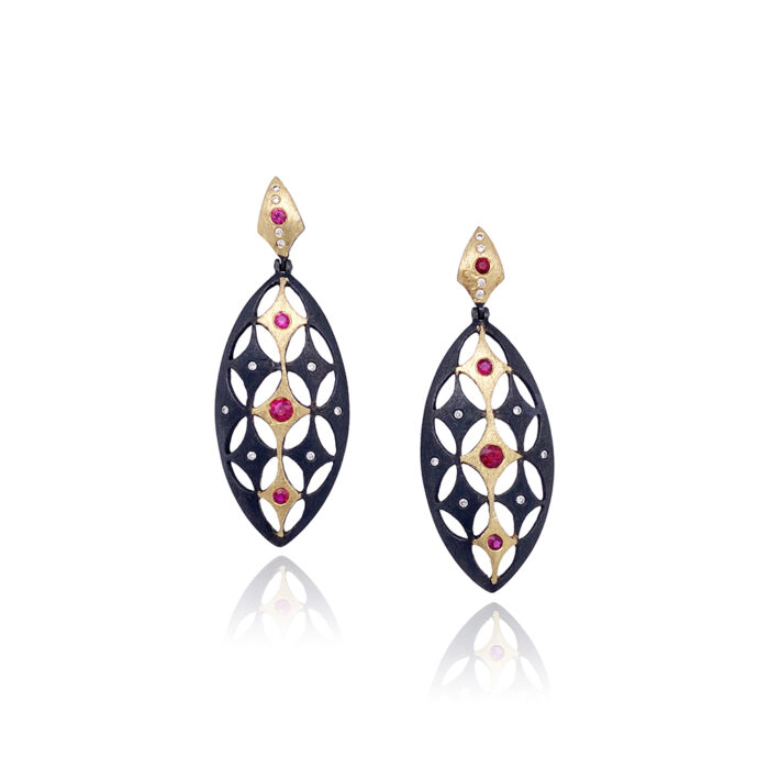 18K YELLOW GOLD, RUBY AND DIAMOND "SHIELD" EARRINGS