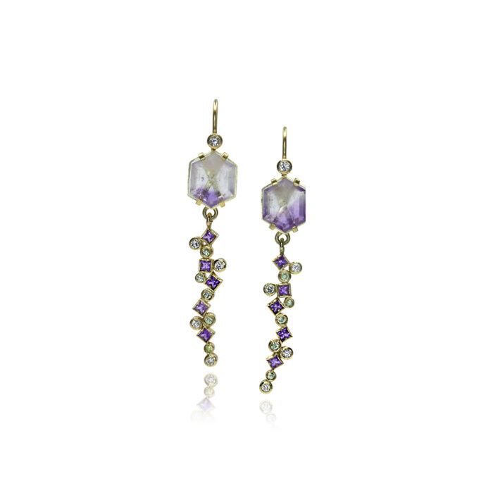 Brazilian Amethyst Earrings with Green sapphires and diamonds in 18k gold