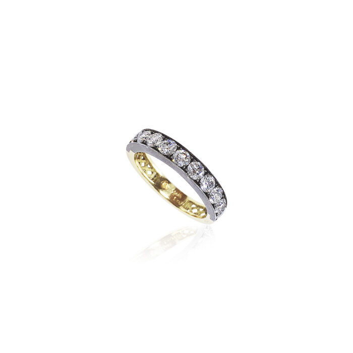 18k yellow gold/oxidized sterling silver stacker band with white diamonds