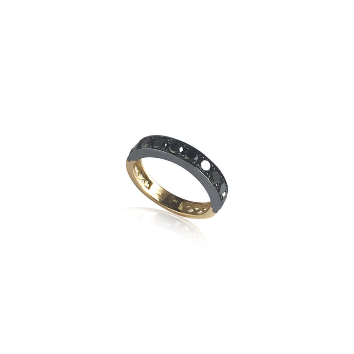 18k yellow gold/oxidized sterling silver stacker band with black diamonds