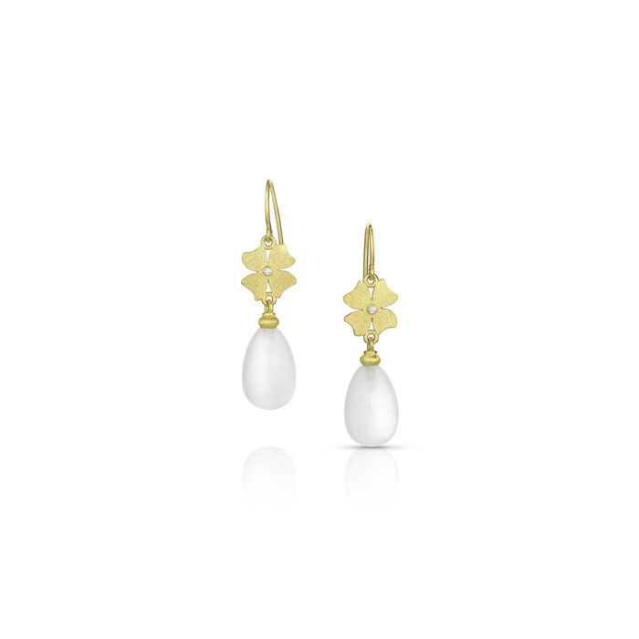 Flower top earrings with diamonds and white moonstone drops