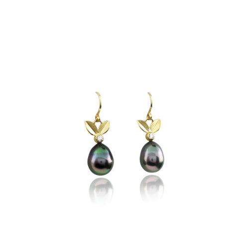 Leaf top earrings with diamonds and tahitian black pearls