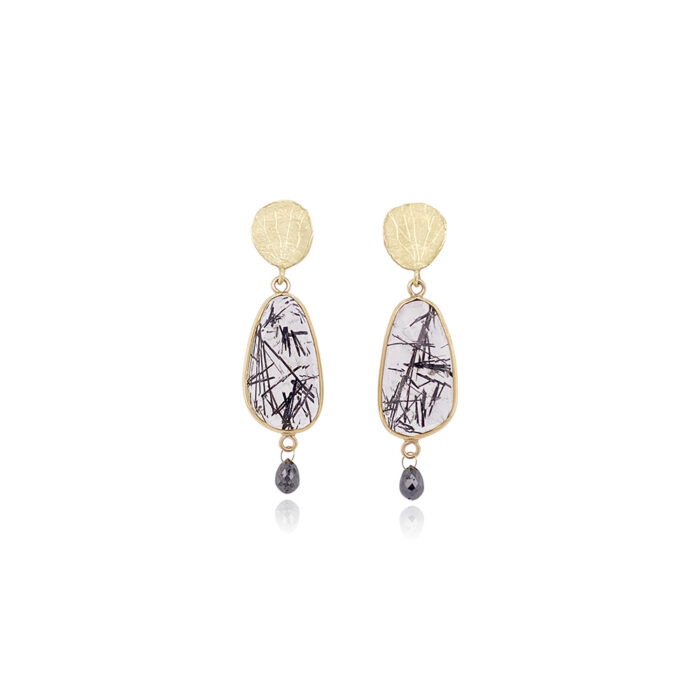 tourmalinated quartz, black diamond and petal top earrings