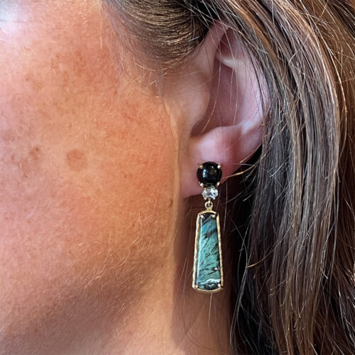 onyx, aquamarine and petrifed wood earrings