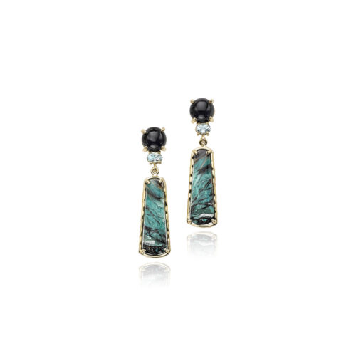 onyx, aquamarine and petrified wood earrings