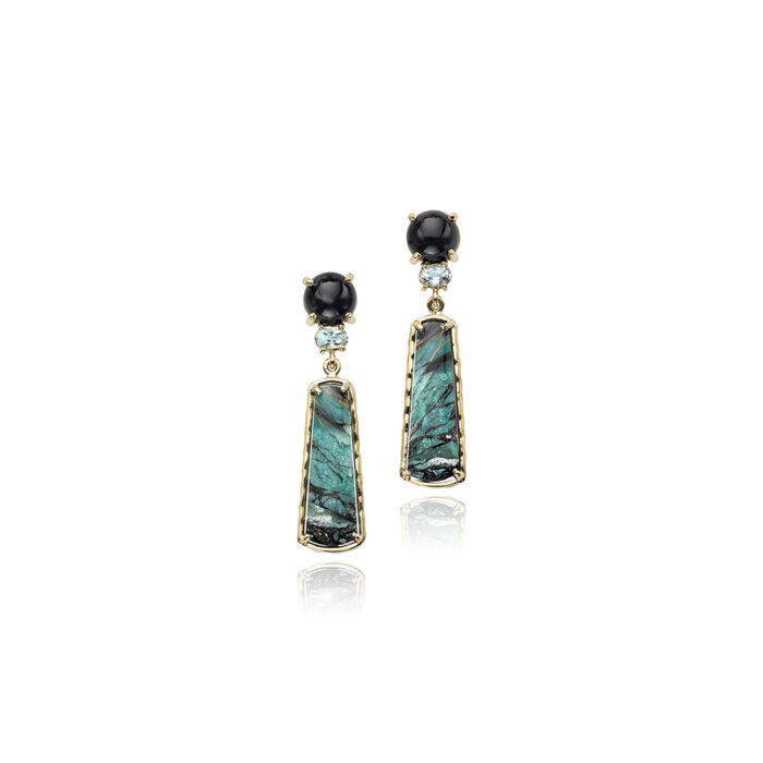 onyx, aquamarine and petrified wood earrings