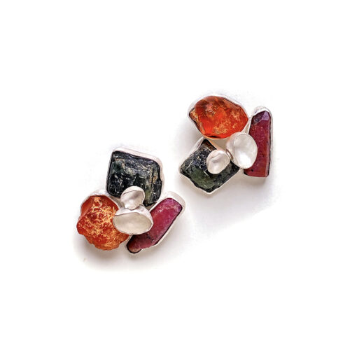 earrings with fire opal, ruby and green tourmaline