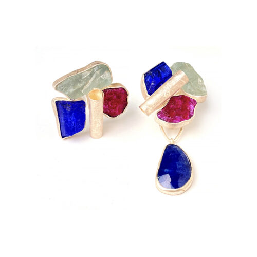 mineral earrings with ruby, tanzanite and sapphire with removable drops
