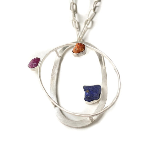 Satelite necklace with Mexican Fire opal, ruby and lapis