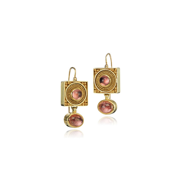 Peach pink double tourmaline drop earrings