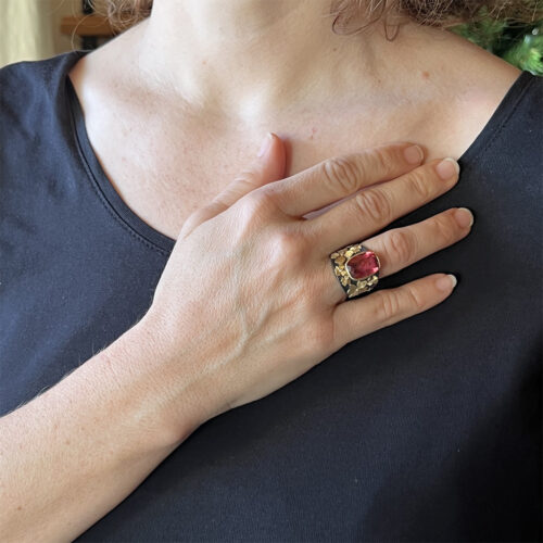 Rubellite tourmaline flower ring with diamonds