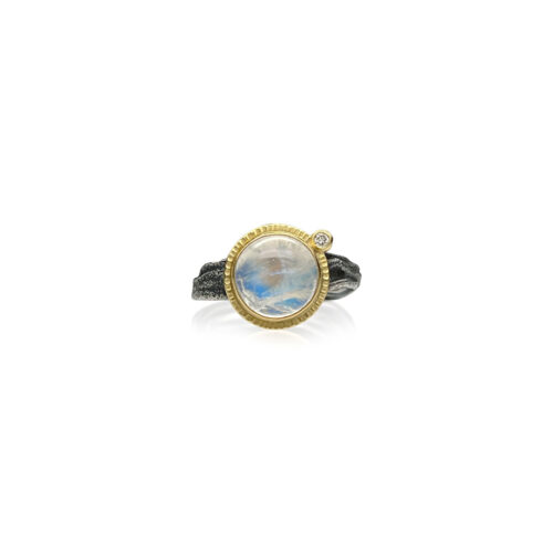 round rainbow moonstone ring with diamond accent